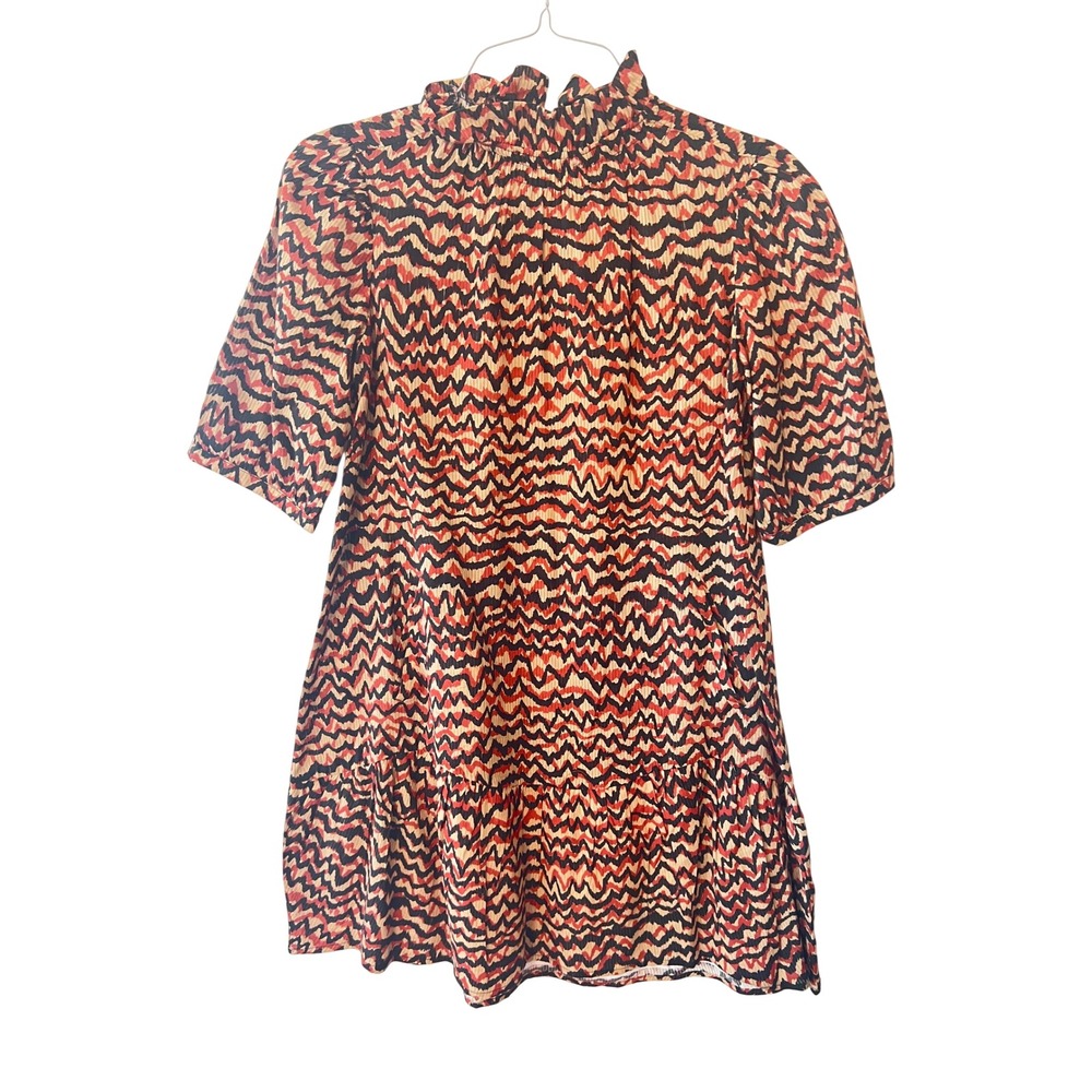 TYLER BOE Burnt Orange & Blk Zig Zag Boho Preppy Retro Mod Ruffle Neck Size XS